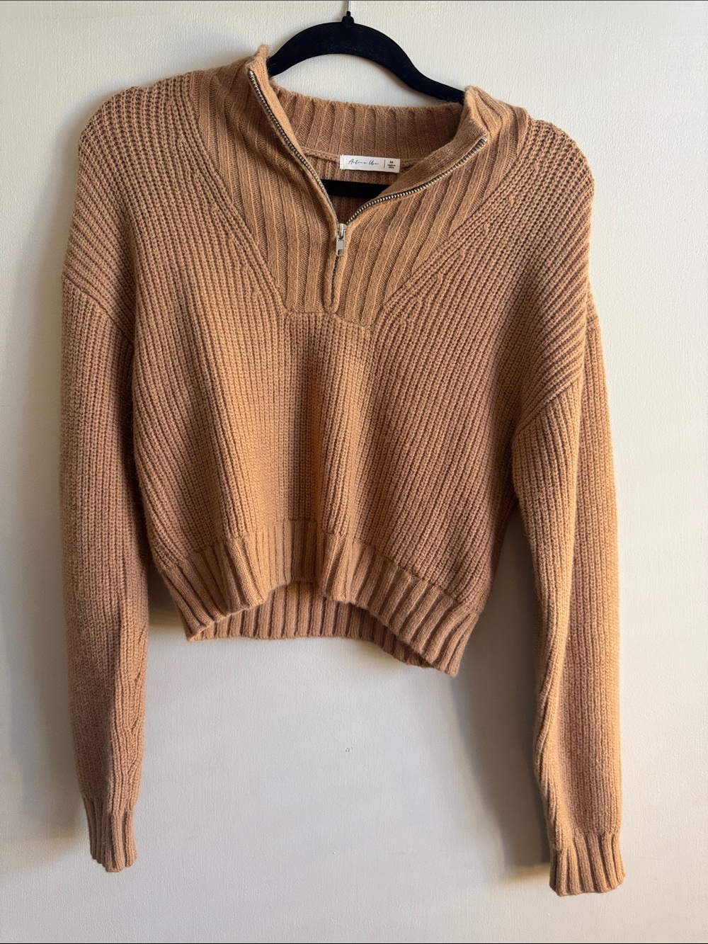 Half-Zip Cropped Knit Sweater in Camel
